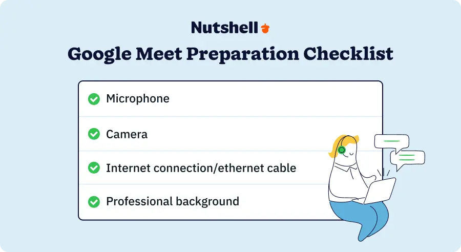 Google Meet preparation checklist: microphone, camera, internet connection, and professional background—all marked as ready