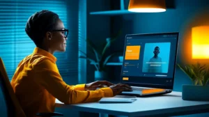 Professional sales rep engaged in a Google Meet video call, demonstrating best practices for video selling with organized preparation visible