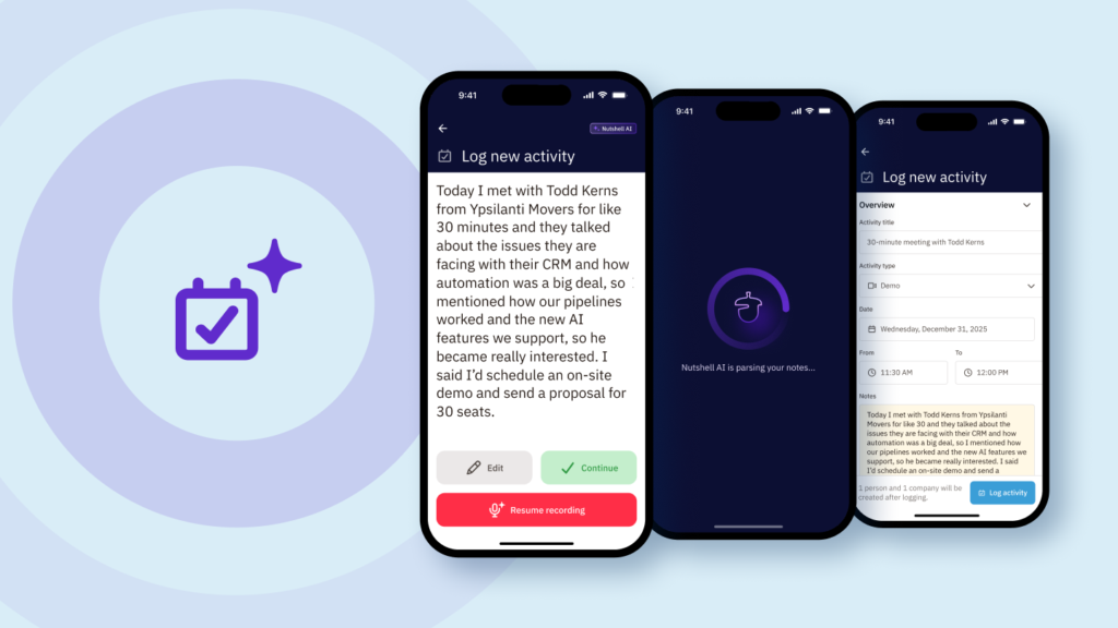 Screenshot displaying how users can quickly log activities on the Nutshell mobile app using their voice.