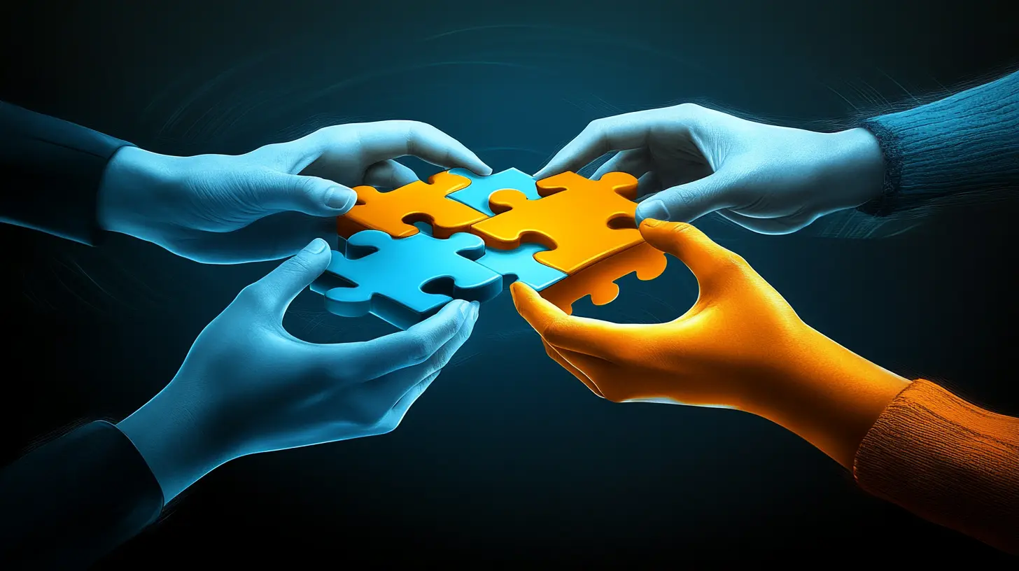 Four diverse hands holding puzzle pieces coming together, conveying collaboration, customization, and the concept that there's no one-size-fits-all simple CRM solution.