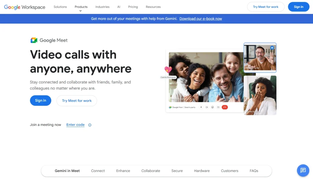 Google Workspace Google Meet homepage
