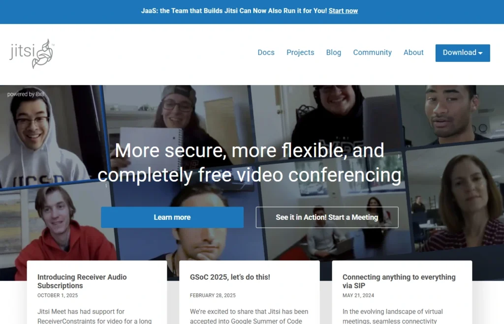 Homepage of free video conferencing platform Jitsi