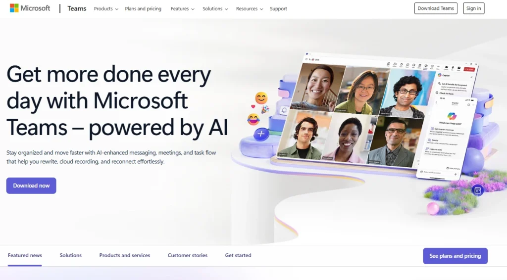Homepage for Microsoft Teams video conferencing platform