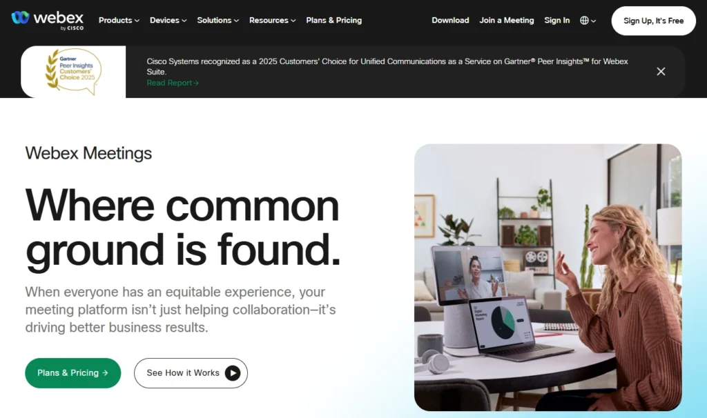 Homepage for Webex Meetings video conferencing software