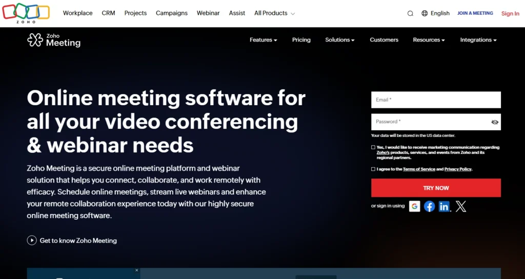 Zoho Meeting online video conferencing software homepage
