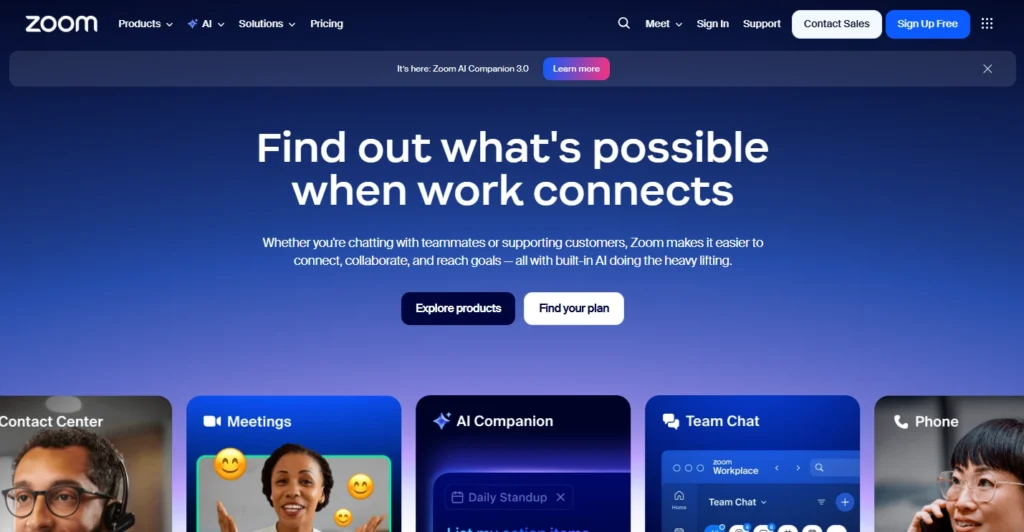 Zoom video conferencing software homepage