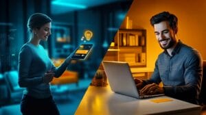 Split screen showing salesperson updating CRM on phone after meeting and salesperson working on CRM laptop in office