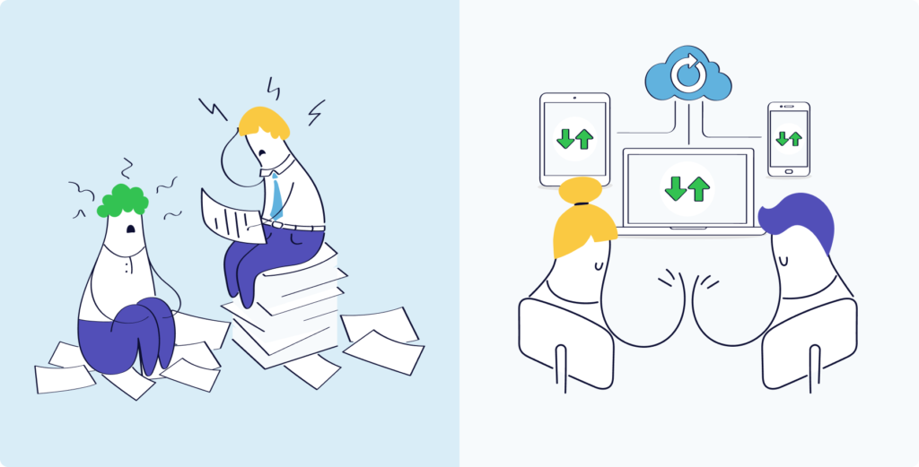 Illustration comparing business chaos without CRM systems versus organized operations with proper implementation showing improved workflow and team collaboration