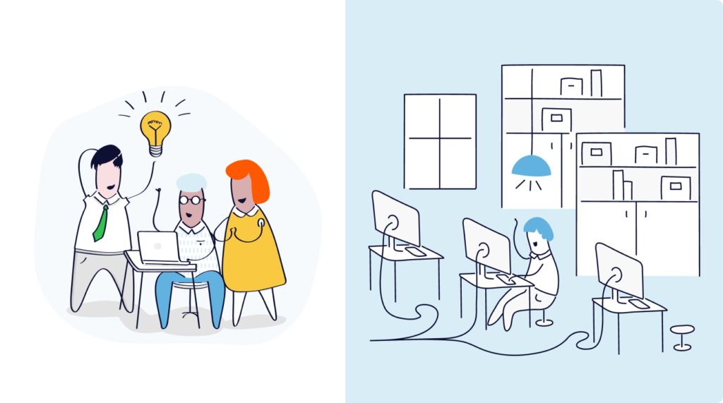 Business team collaborating on shared CRM pipeline data in a hybrid remote and in-person meeting