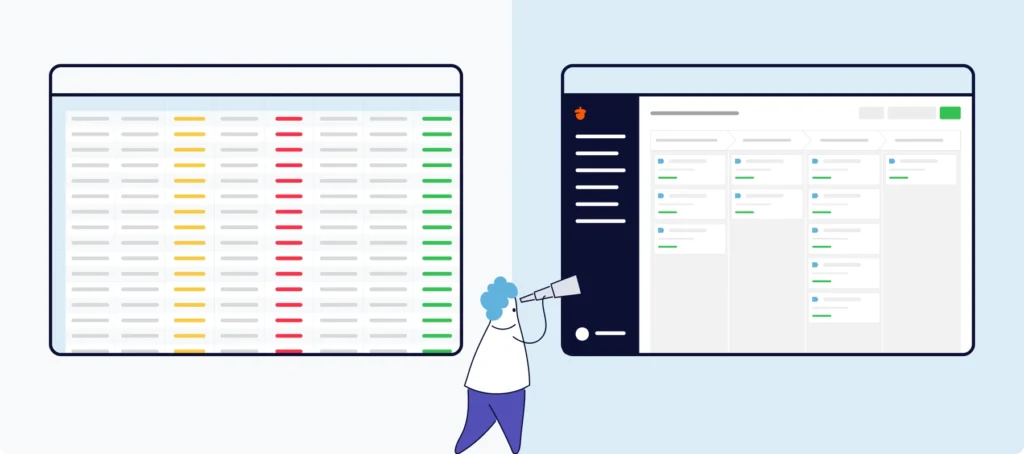 Comparison showing cluttered complex CRM interface versus clean user-friendly CRM interface design