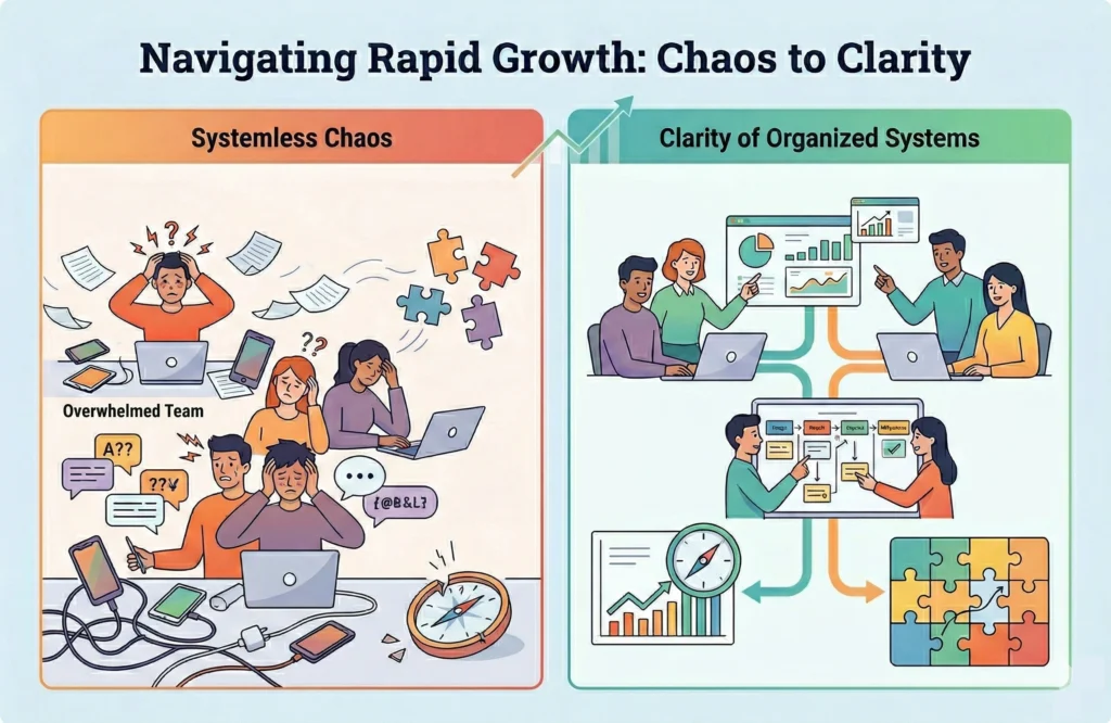 Illustration comparing business chaos without CRM systems versus organized operations with proper implementation showing improved workflow and team collaboration