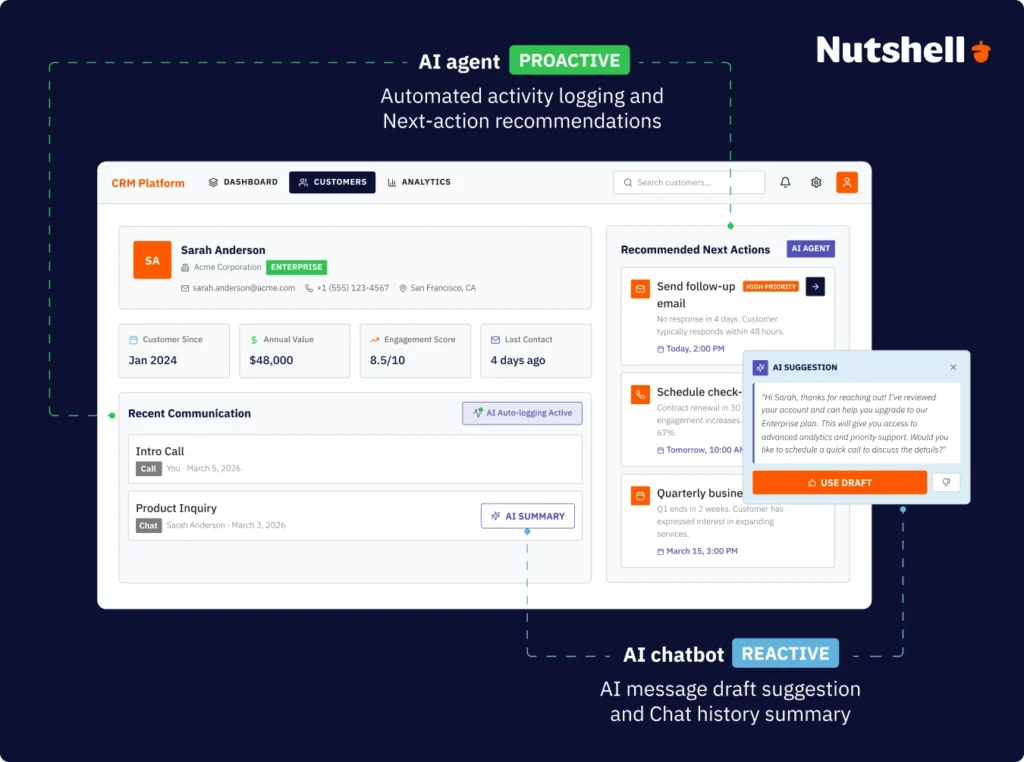 CRM interface example displaying both reactive AI assistance features and proactive AI automation features