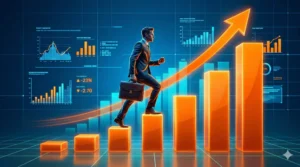 Business professional climbing an ascending bar chart with columns representing rapid company growth, with an upward-trending arrow showing CRM implementation progress