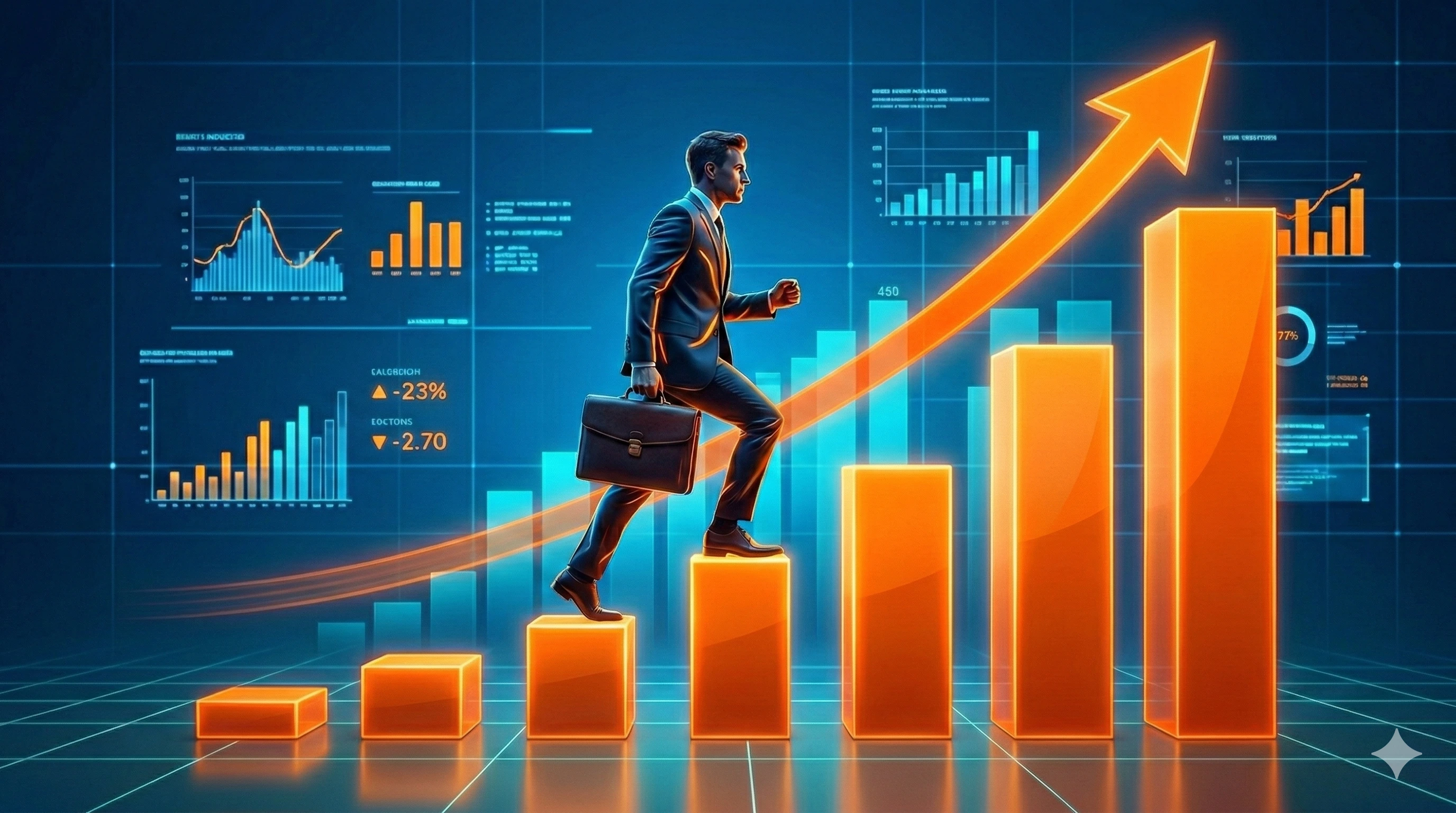 Business professional climbing an ascending bar chart with columns representing rapid company growth, with an upward-trending arrow showing CRM implementation progress