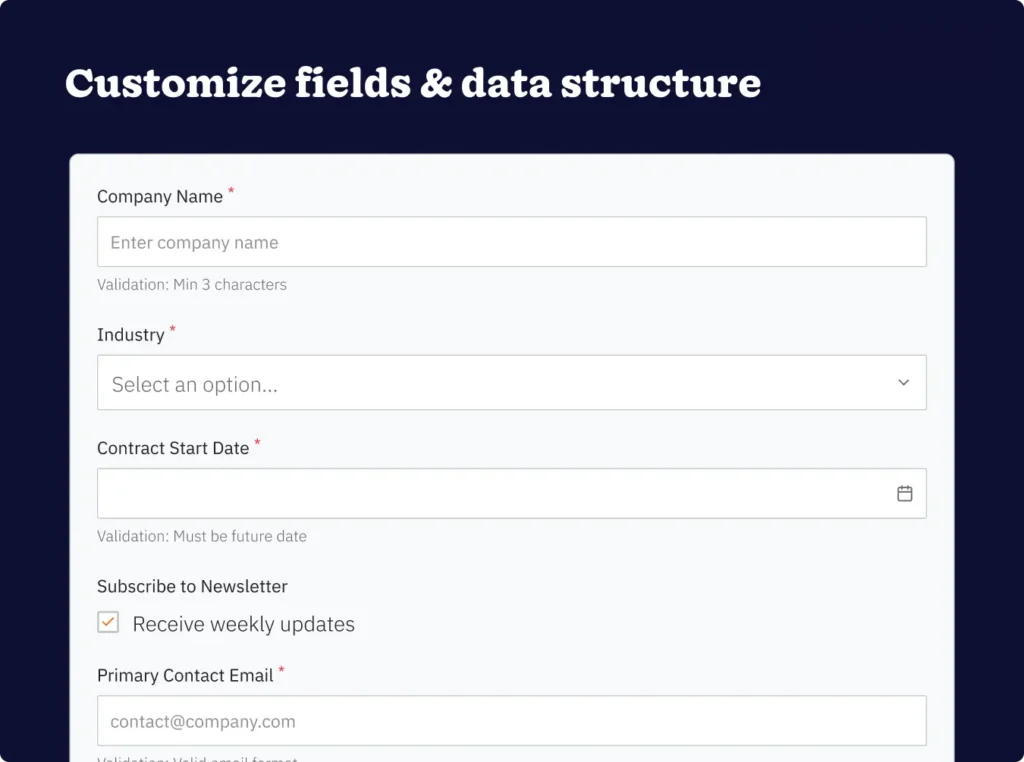 CRM custom field configuration interface showing drop-down menus, checkboxes, and data validation options