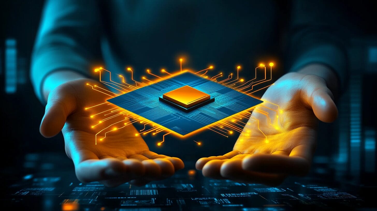 Business professional presenting digital circuit board integration concept with central processor and radiating connection pathways representing CRM and Office 365 system integration