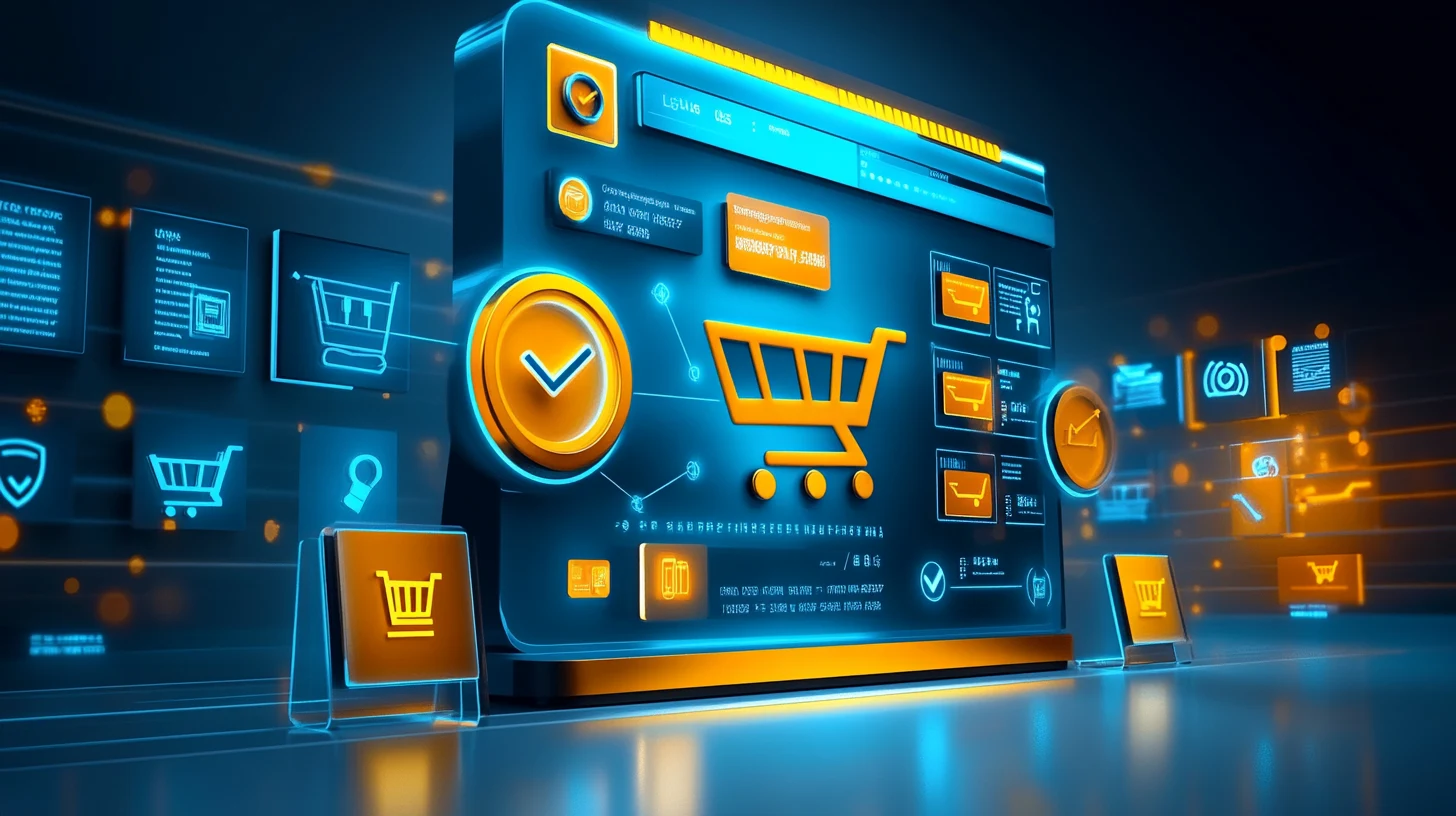 Abstract illustration of a shopping cart at the center of a digital customer relationship network, symbolizing ecommerce CRM functionality