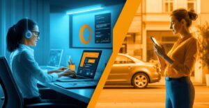 Split screen showing a salesperson working on a laptop in a modern office and a salesperson using a mobile phone outdoors by a car