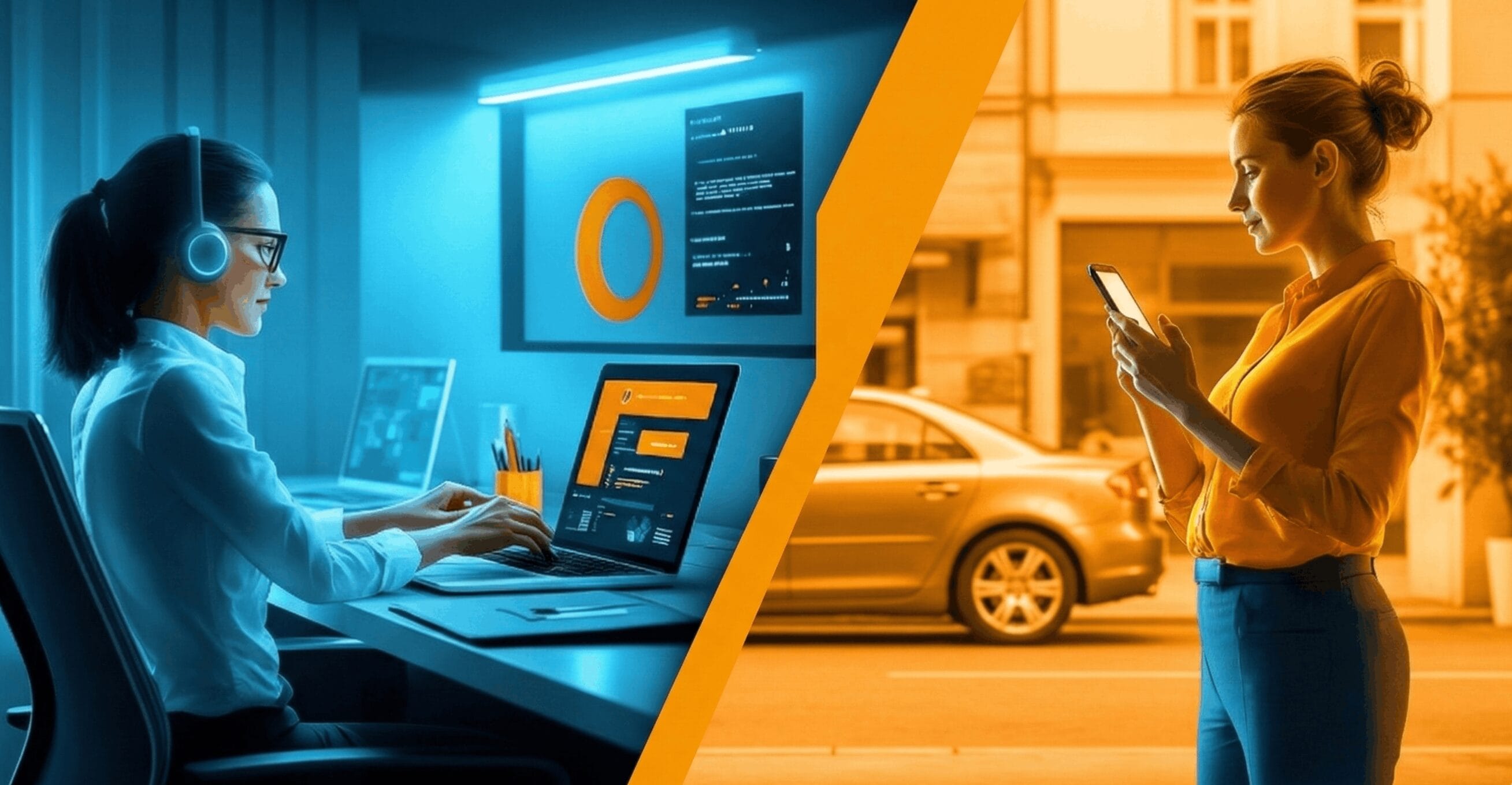 Split screen showing a salesperson working on a laptop in a modern office and a salesperson using a mobile phone outdoors by a car