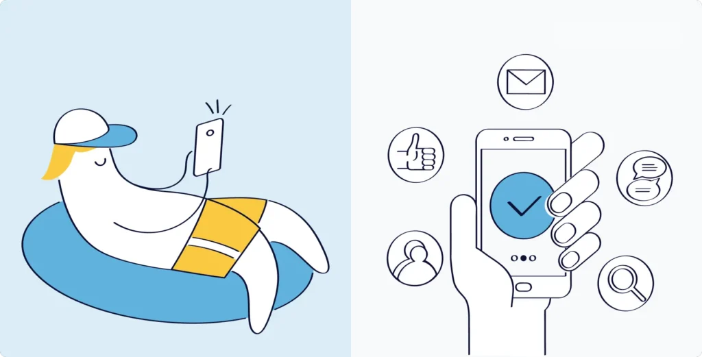 Sales professional using mobile CRM application on smartphone while on a pool tube