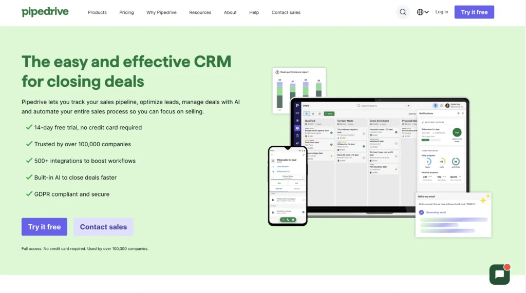 Screenshot of Pipedrive's website home page