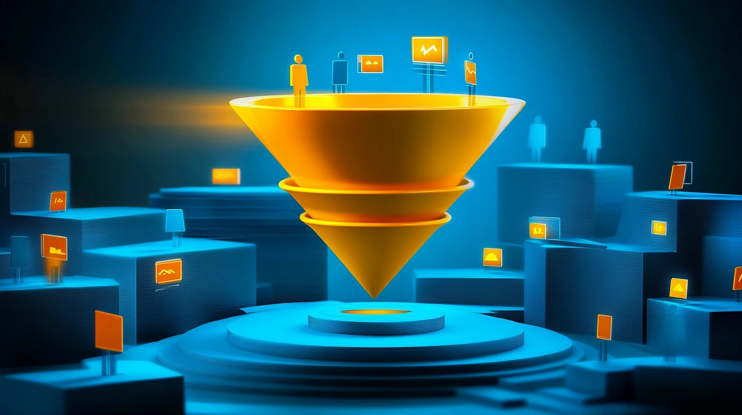 Abstract funnel or pipeline visualization showing leads flowing downward through conversion stages.