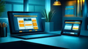 Laptop displaying spreadsheet software next to monitor showing CRM dashboard interface representing business software transition