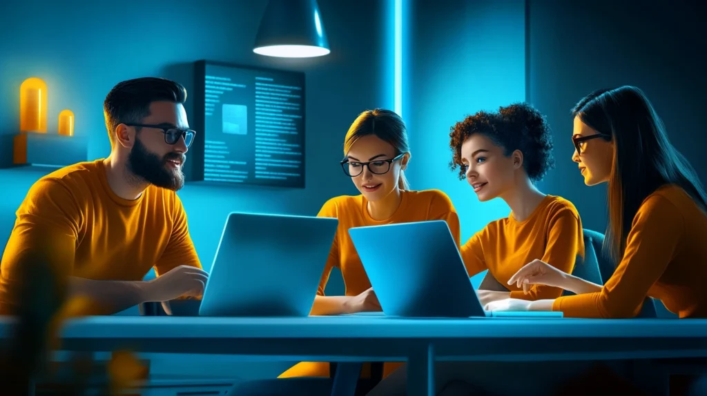 Business team collaborating during software training session in modern office workspace