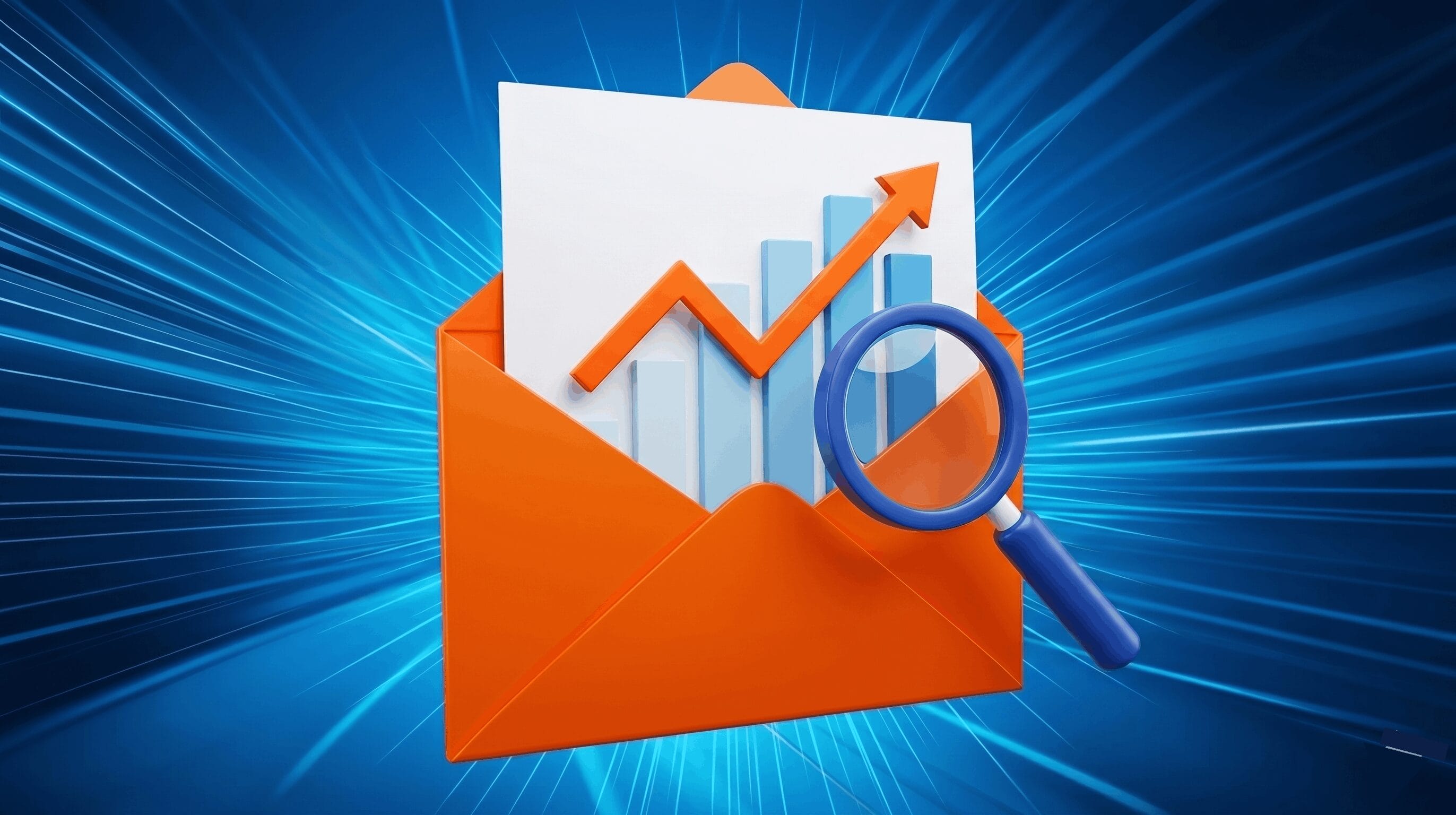 Illustration of an open envelope with a bar chart and magnifying glass on an emerging document representing email marketing analytics