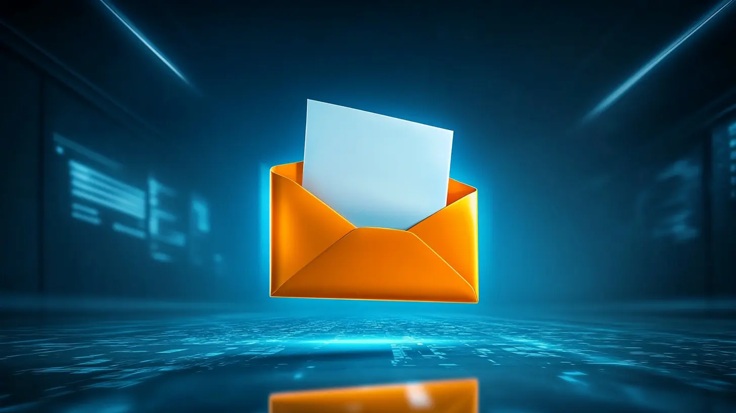 Flat design illustration of an open envelope with a bar chart and magnifying glass on an emerging document representing email marketing analytics