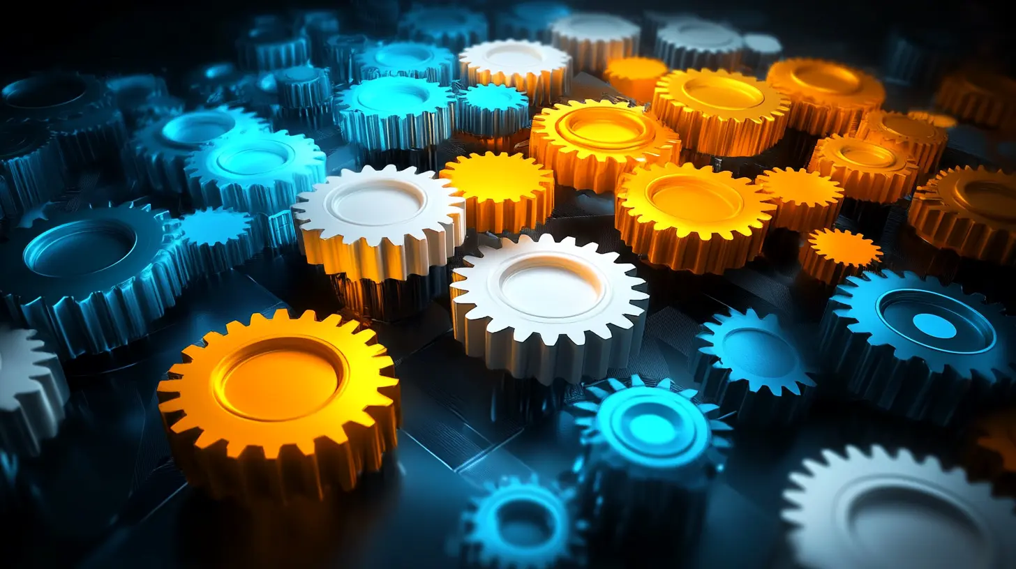 Interlocking gears with icons representing email, customer data, analytics, and automation