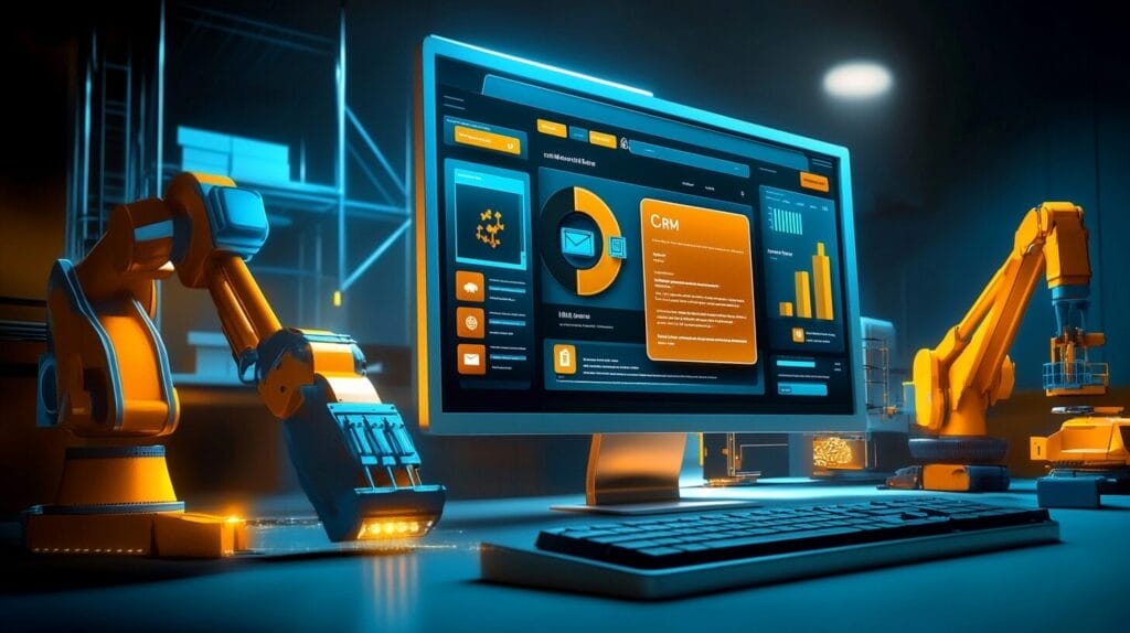 Flat illustration of a CRM interface on a laptop screen being built and assembled by construction cranes, robotic arms, and vehicles, representing the complexity of open source CRM customization
