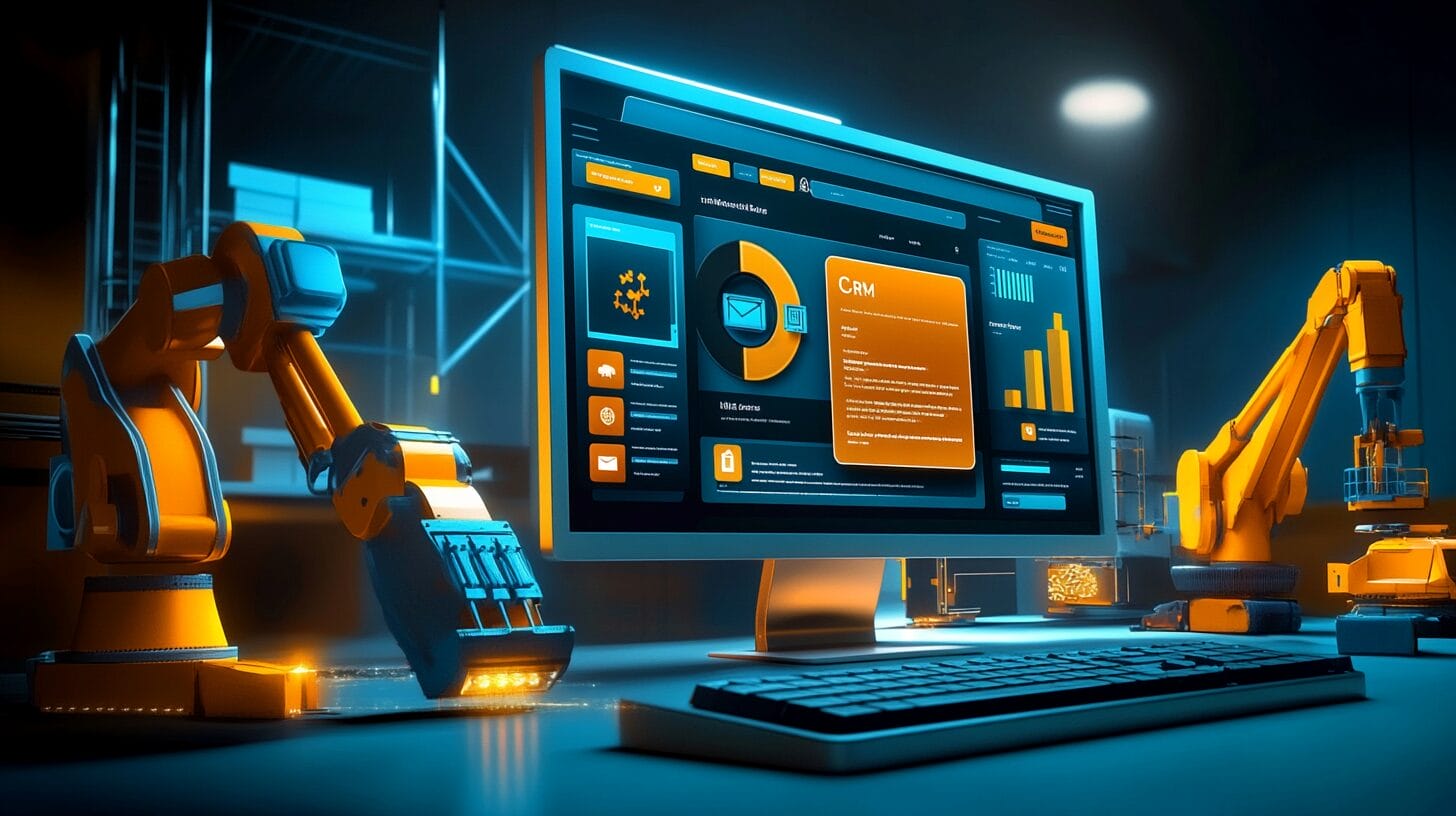 Flat illustration of a CRM interface on a laptop screen being built and assembled by construction cranes, robotic arms, and vehicles, representing the complexity of open source CRM customization