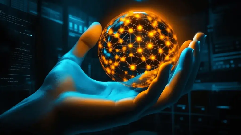 Human hand holding a glowing AI neural network sphere representing data intelligence in CRM