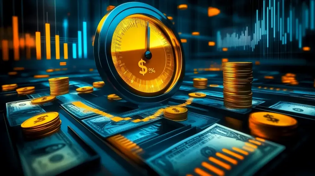 Illustration of a cost gauge in the red zone surrounded by dollar signs, performance charts, and business icons representing CRM software pricing