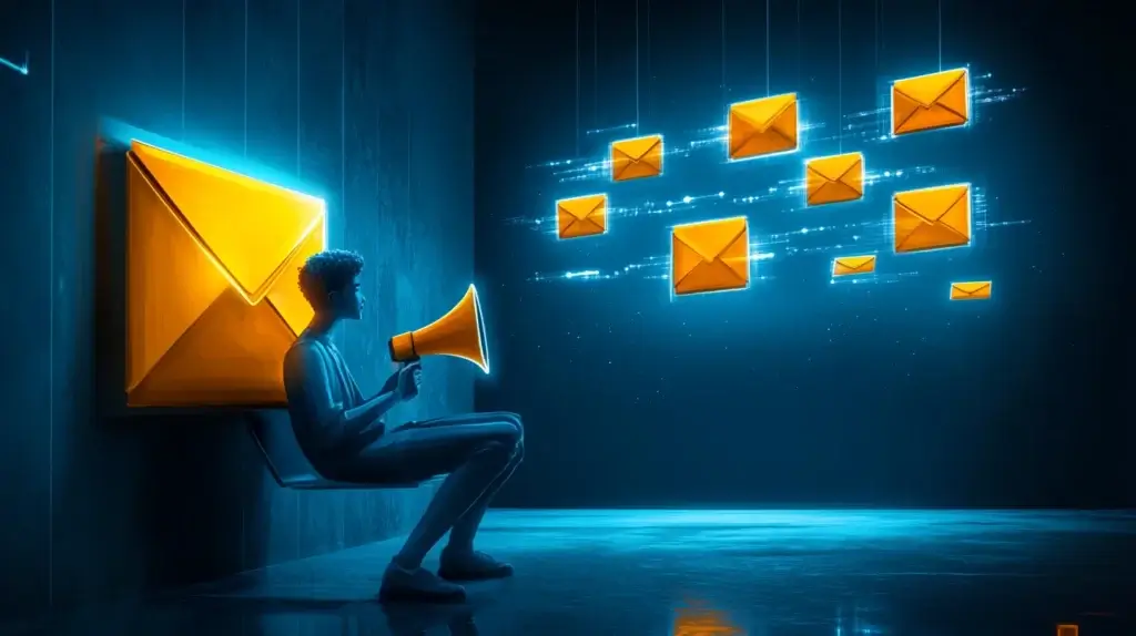 Person sitting beside a glowing orange envelope with smaller envelopes radiating outward against a dark blue background