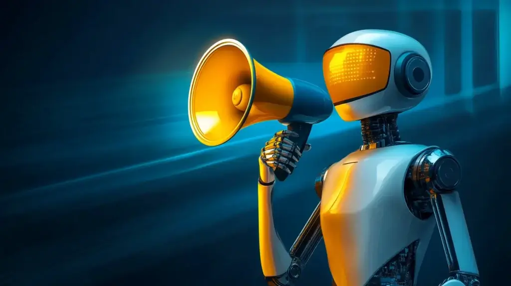 AI robot holding megaphone to represent ChatGPT-powered advertising agencies and AI-driven marketing solutions