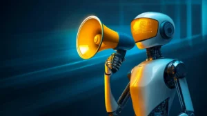 AI robot holding megaphone to represent ChatGPT-powered advertising agencies and AI-driven marketing solutions