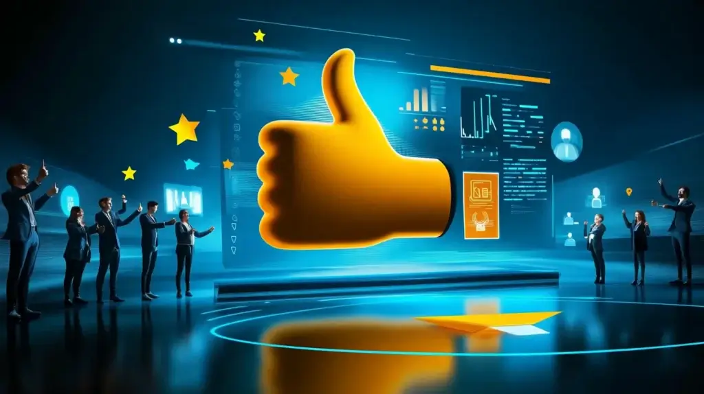 Illustration of people collaborating around a thumbs-up symbol with stars and positive feedback icons, representing SEO agency validation and client approval