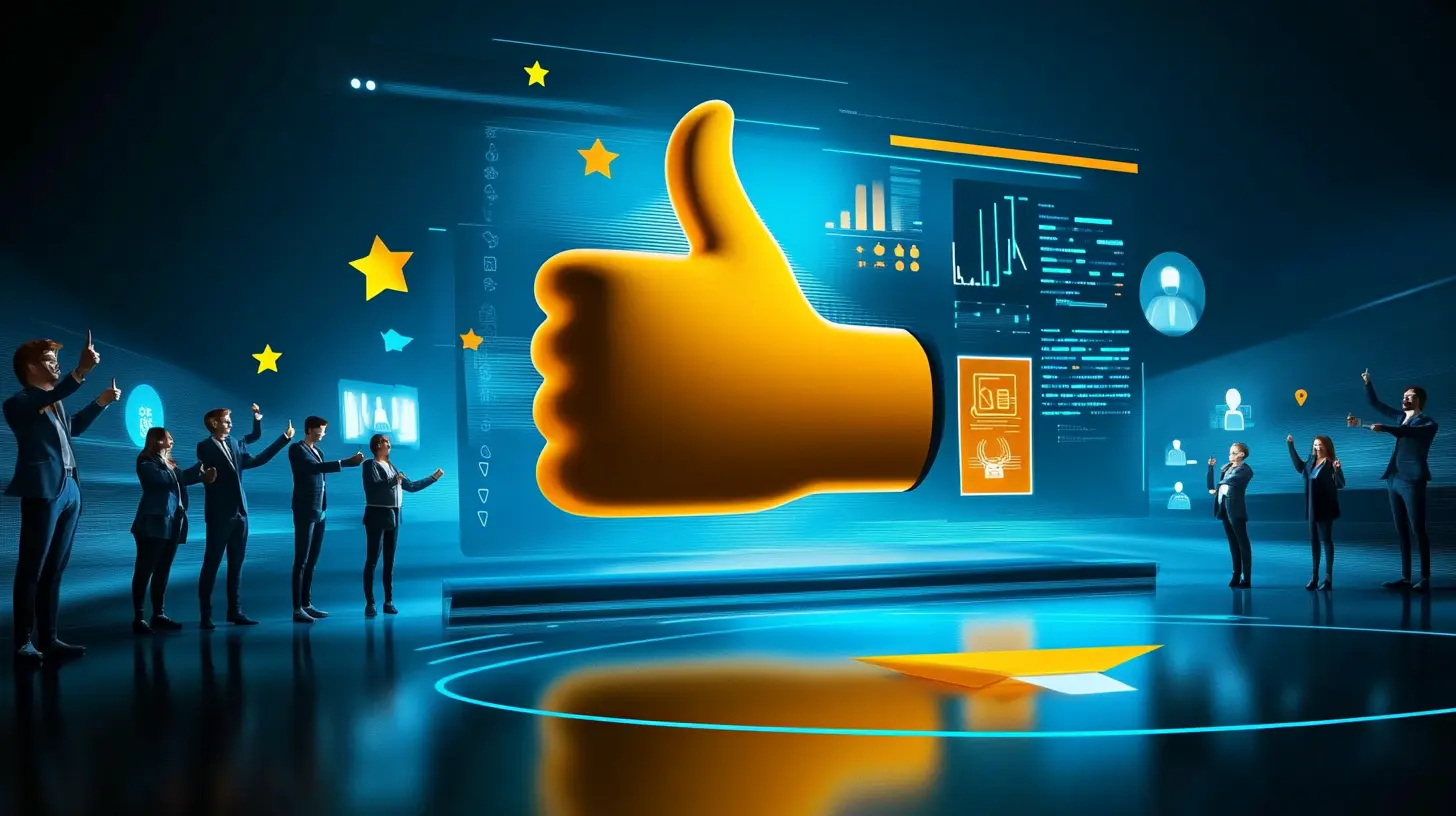Illustration of people collaborating around a thumbs-up symbol with stars and positive feedback icons, representing SEO agency validation and client approval