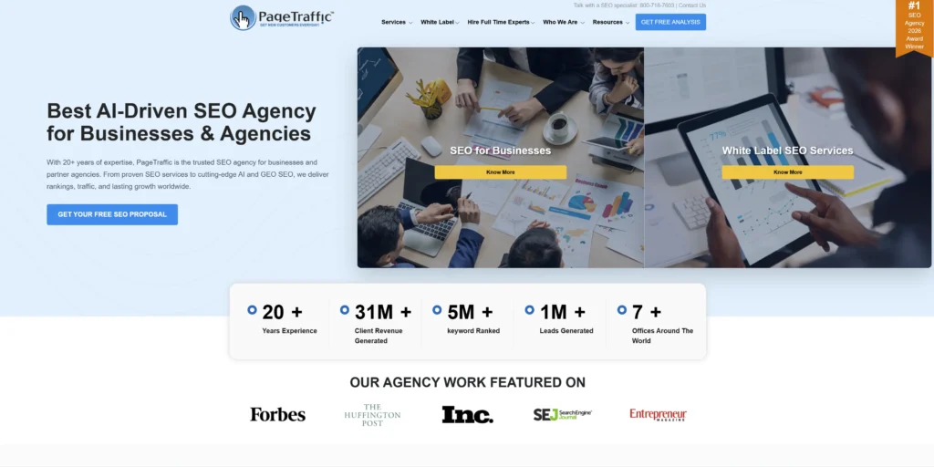 PageTraffic Homepage Screenshot for the Best Large SEO Companies