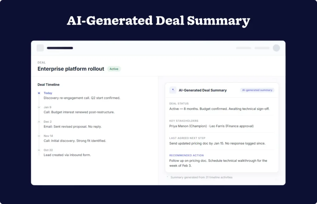Generic CRM interface showing an AI-generated deal summary card with key stakeholders and next steps