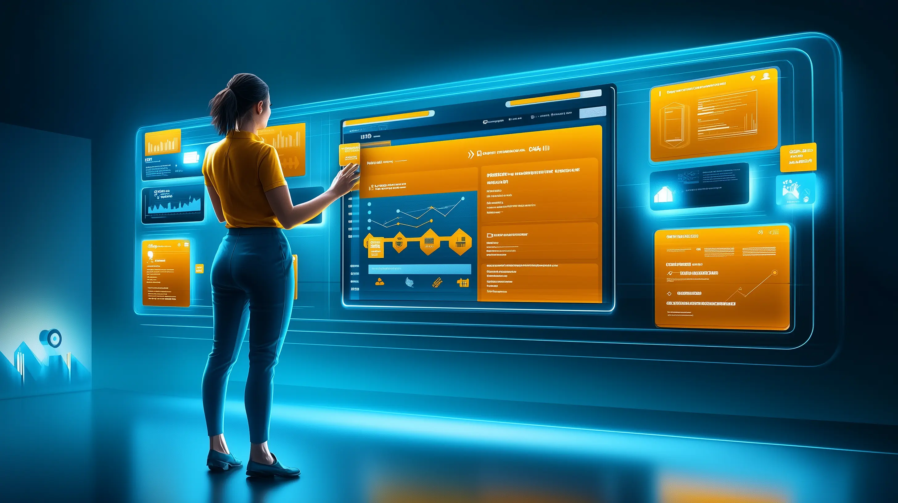 A sales professional customizing a life-sized CRM dashboard by rearranging modular reporting and activity blocks