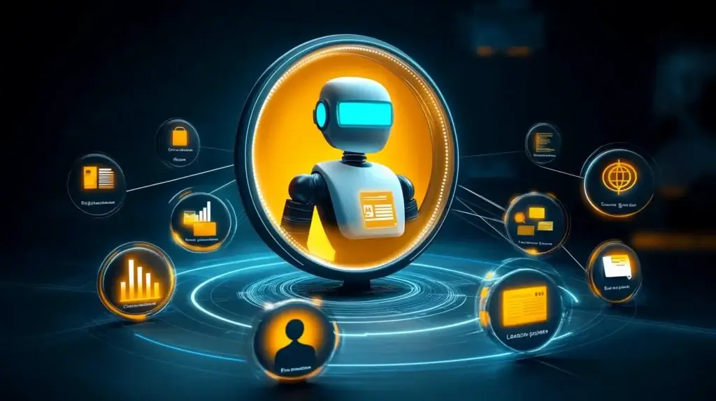 Illustration of a central AI hub connected to multiple sales and marketing team members, departments, and elements, representing AI-assisted CRM workflows