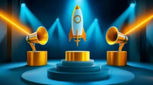 Podium with rocket on first place and megaphones on second and third place, representing top-performing B2B revenue marketing agencies
