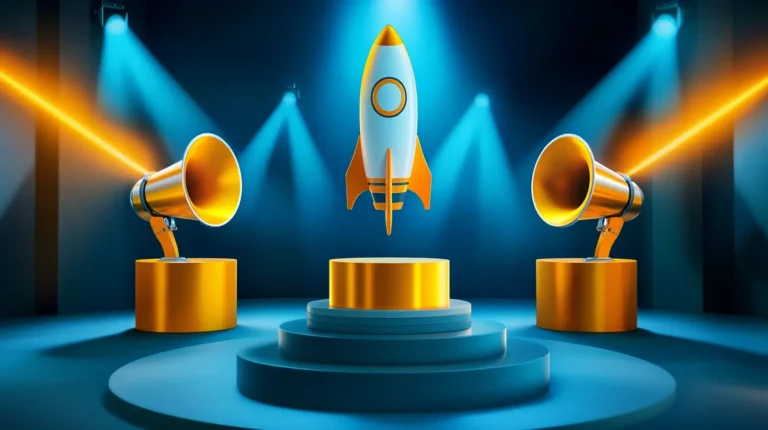 Podium with rocket on first place and megaphones on second and third place, representing top-performing B2B revenue marketing agencies