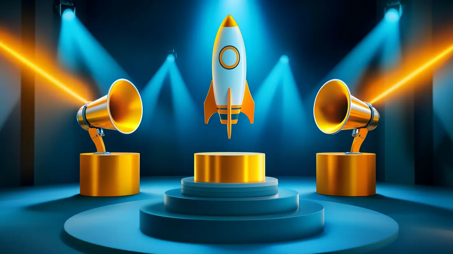 Podium with rocket on first place and megaphones on second and third place, representing top-performing B2B revenue marketing agencies