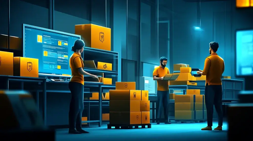 Small business team managing customer orders and communications in a fulfillment workspace