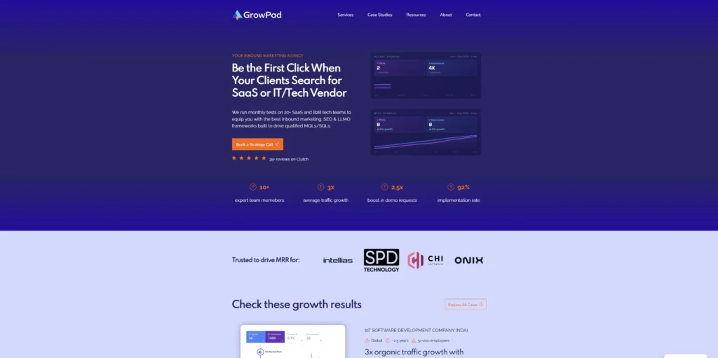 GrowPad homepage for the best AI SEO companies