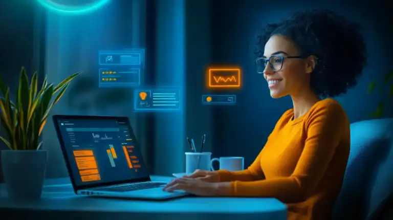 A salesperson working at a laptop with icons representing the three types of AI in CRM software